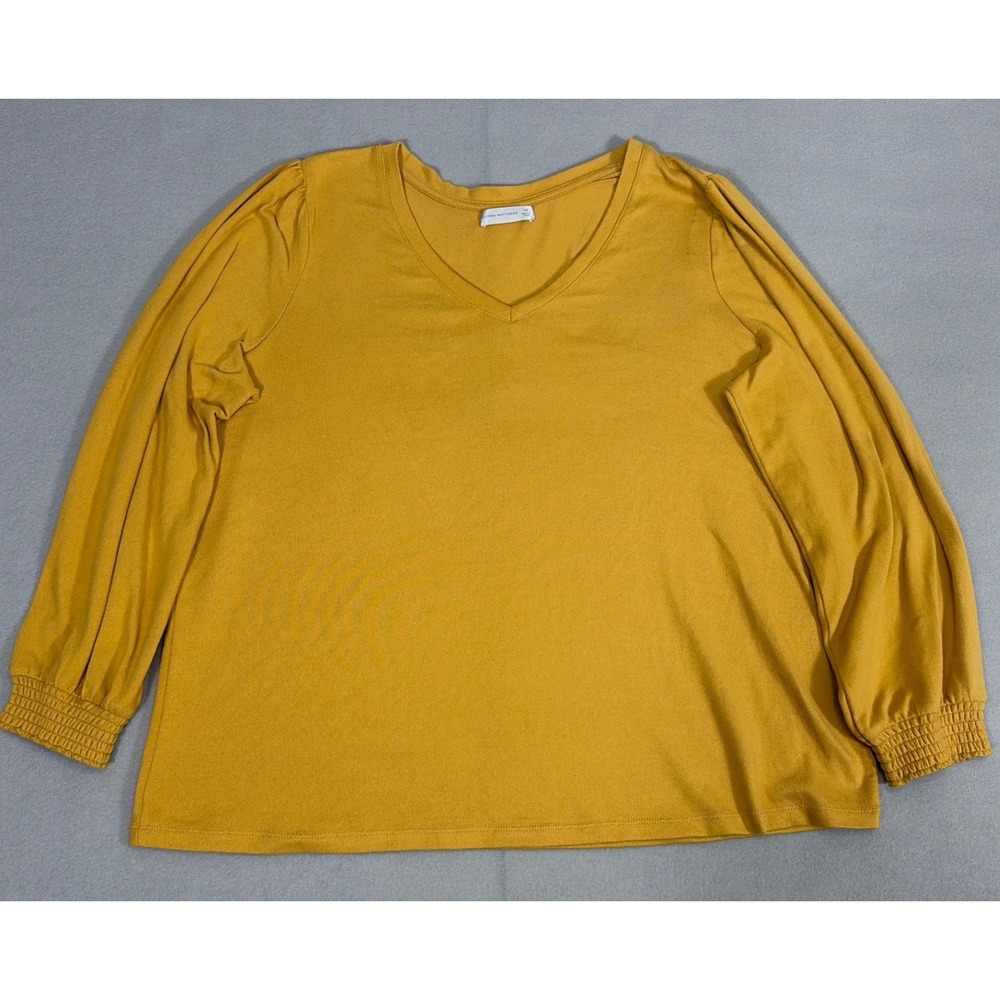 Linda Matthews Mustard Yellow V-Neck Puffed Shoulder Smocked Cuff Top 1X